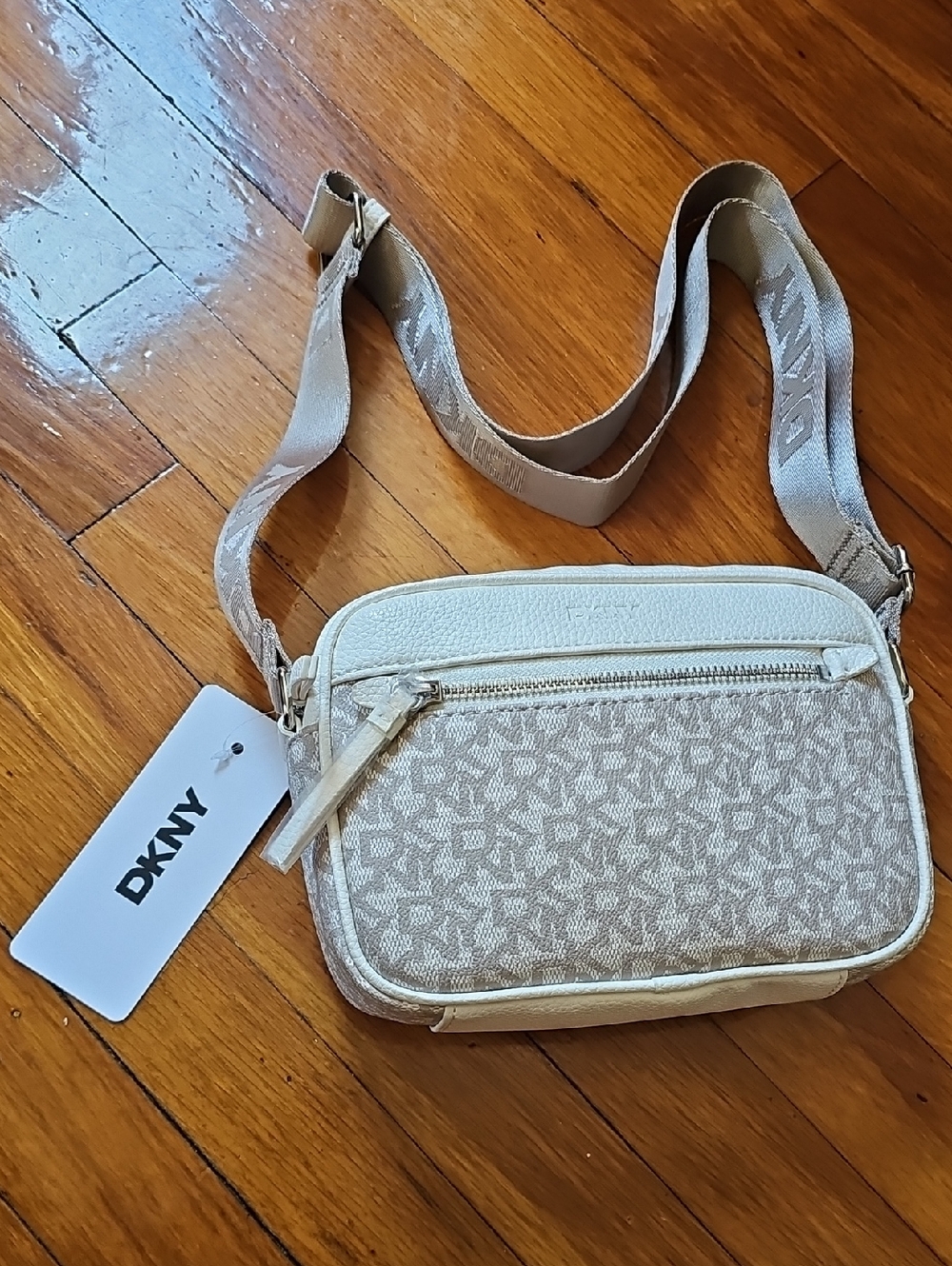 DKNY Beige Logo Print Crossbody with Adjustable Strap